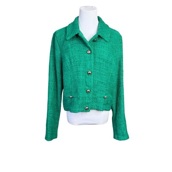 Guess Nobby Tweed Blazer Jacket Green Notched Lapel Cropped Retro Gold Buttons X - Picture 1 of 11